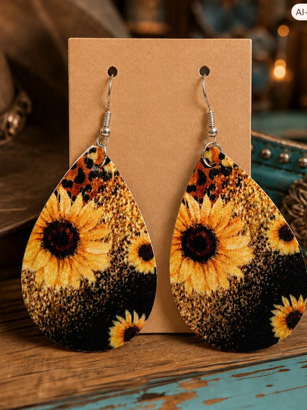Sunflower Print with Leopard Accent Earrings NWT